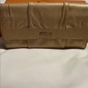 Furla Metallic Gold Pleated Leather Clutch